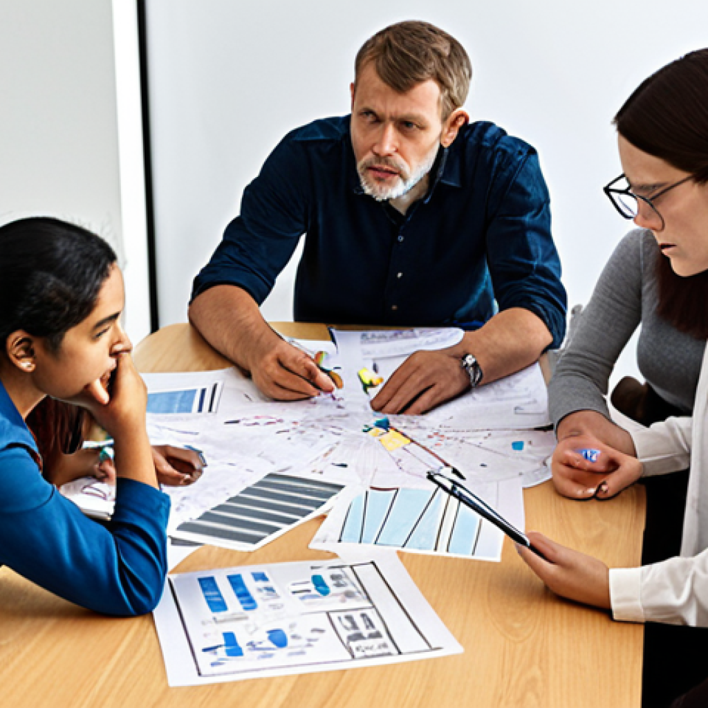 **A diverse team of researchers brainstorming around a table covered in notes and diagrams, representing different fields like environmental science, engineering, economics, and sociology. The scene should convey collaboration and problem-solving for air pollution.**