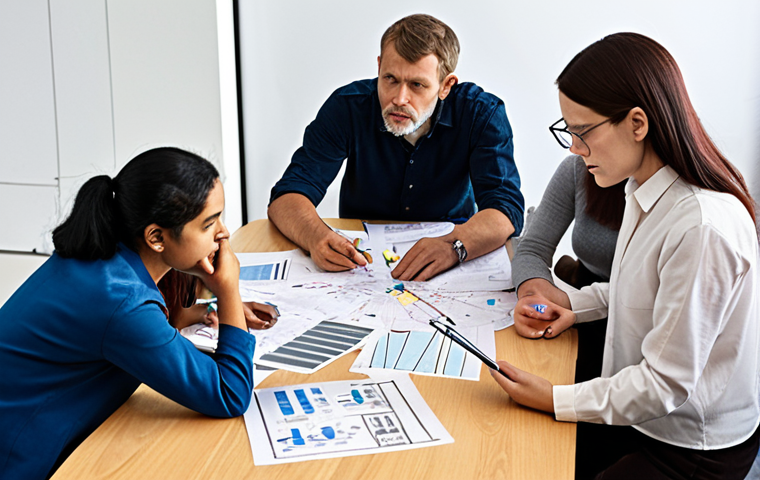 **A diverse team of researchers brainstorming around a table covered in notes and diagrams, representing different fields like environmental science, engineering, economics, and sociology. The scene should convey collaboration and problem-solving for air pollution.**