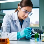 Home 16 학제간 연구에서의 팀워크 중요성 - **Prompt 1: "A highly focused female biochemist in her mid-30s, wearing a clean white lab coat and s...