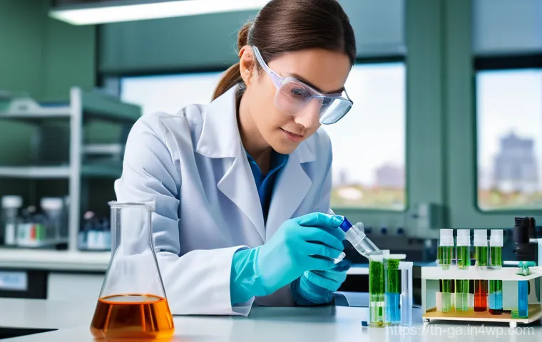 학제간 연구에서의 팀워크 중요성 - **Prompt 1: "A highly focused female biochemist in her mid-30s, wearing a clean white lab coat and s...