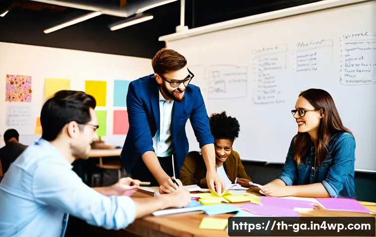 학제간 지식 구축을 위한 워크숍 기획 - **Prompt:** "A vibrant, collaborative brainstorming session in a modern, brightly lit co-working spa...