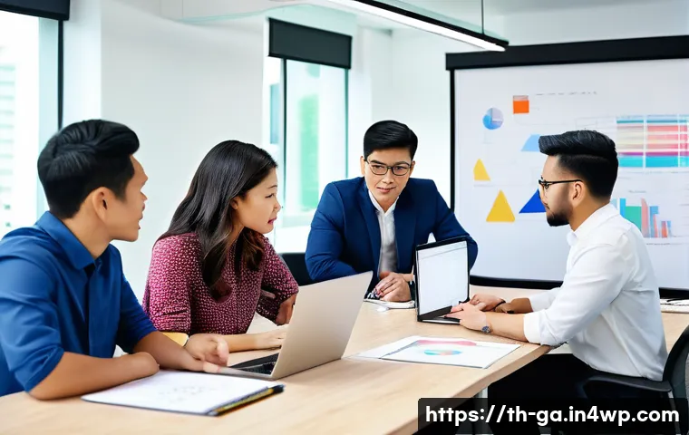 학제간 연구의 진행 과정 - A diverse interdisciplinary research team collaborating in a modern office setting in Bangkok, Thail...