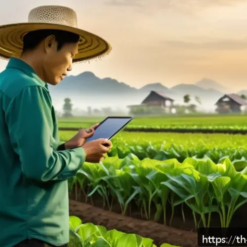 학제간 지식 구축의 경제적 효과 - A high-tech smart farm in Thailand during early morning, showcasing lush green crops surrounded by I...