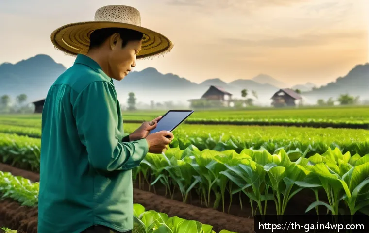 학제간 지식 구축의 경제적 효과 - A high-tech smart farm in Thailand during early morning, showcasing lush green crops surrounded by I...