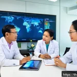 학제간 연구의 중요성에 대한 인식 - A diverse group of researchers collaborating in a modern, well-lit conference room in Thailand, feat...