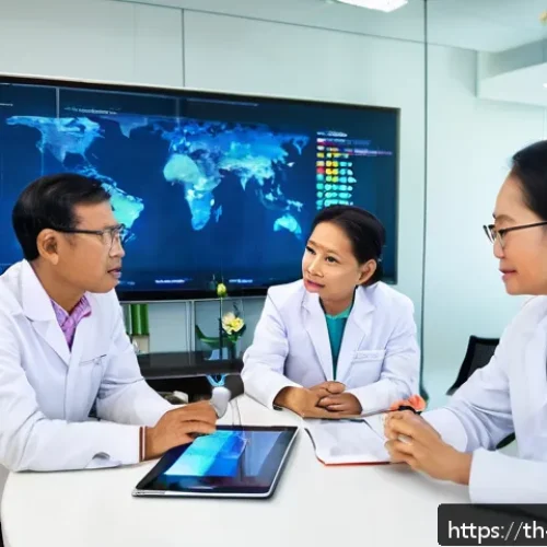 학제간 연구의 중요성에 대한 인식 - A diverse group of researchers collaborating in a modern, well-lit conference room in Thailand, feat...