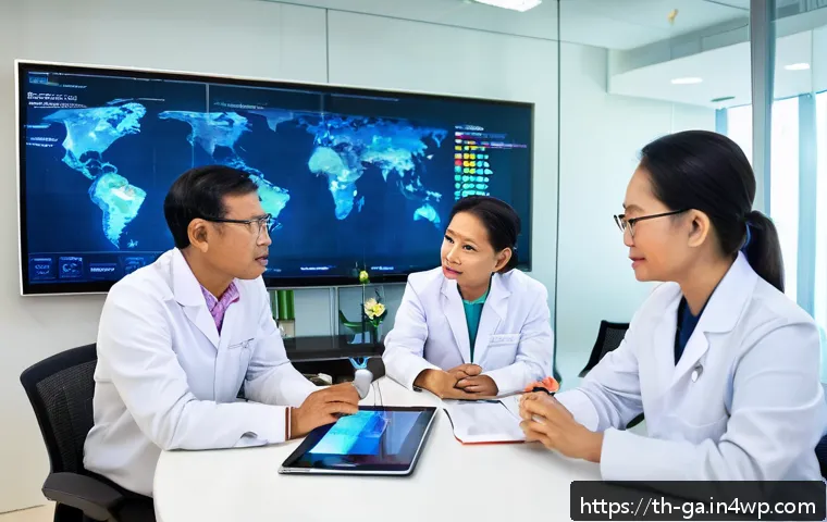 학제간 연구의 중요성에 대한 인식 - A diverse group of researchers collaborating in a modern, well-lit conference room in Thailand, feat...